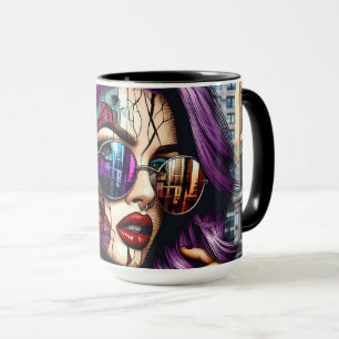 Mug Jolie Dame Abstraite colorée aux cheveux violets