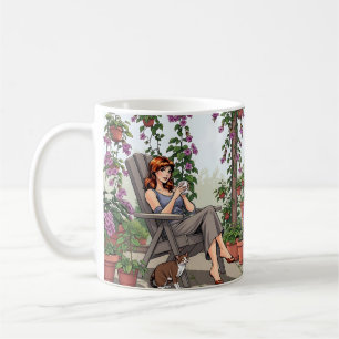 Mug Jolie femme buvant du café, son chien et Plantes