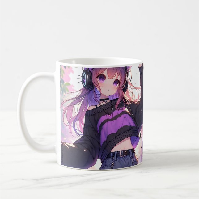 Mug Jolie fille Anime dans casque avec oreilles de cha (Gauche)