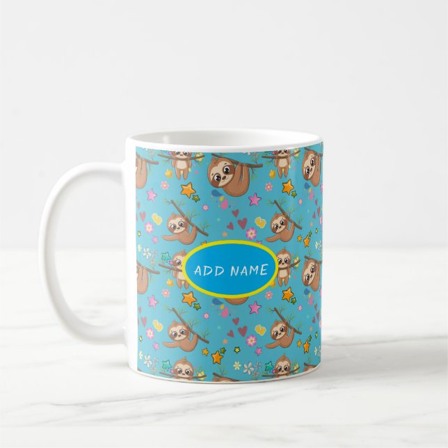 Mug Jolie Sloth | Fleurs Motif bleu étoiles Modèle (Gauche)