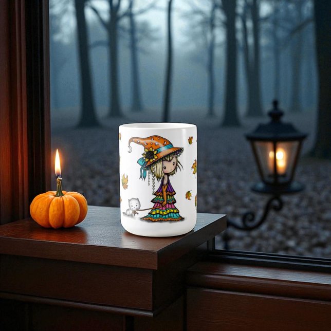 Mug Jolie Sorcière Halloween & Kitten avec feuilles d' (Créateur téléchargé)