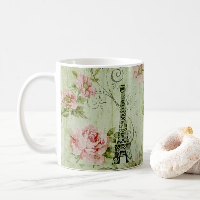 Mug jolie tour de paris fleurie rose à la menthe de pr (Avec donut)