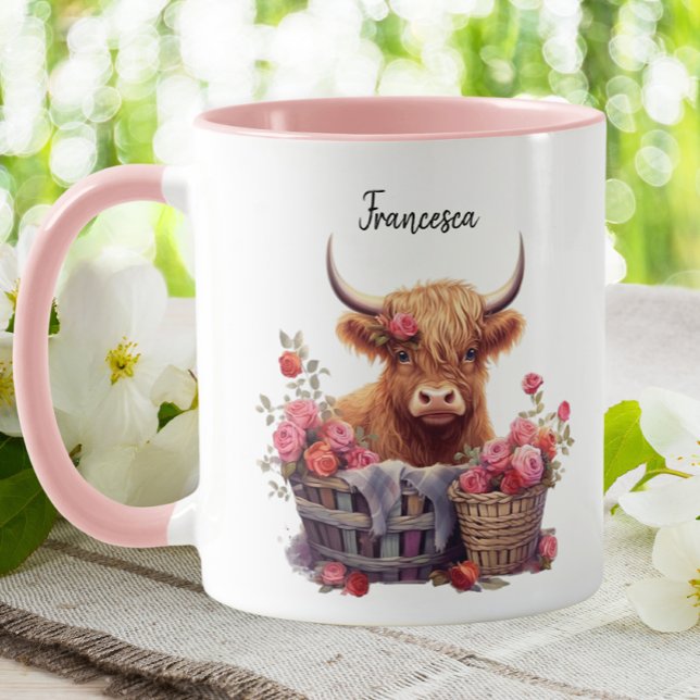 Mug Jolie Vache Highland Rose Pastel Aquarelle Florale (Créateur téléchargé)