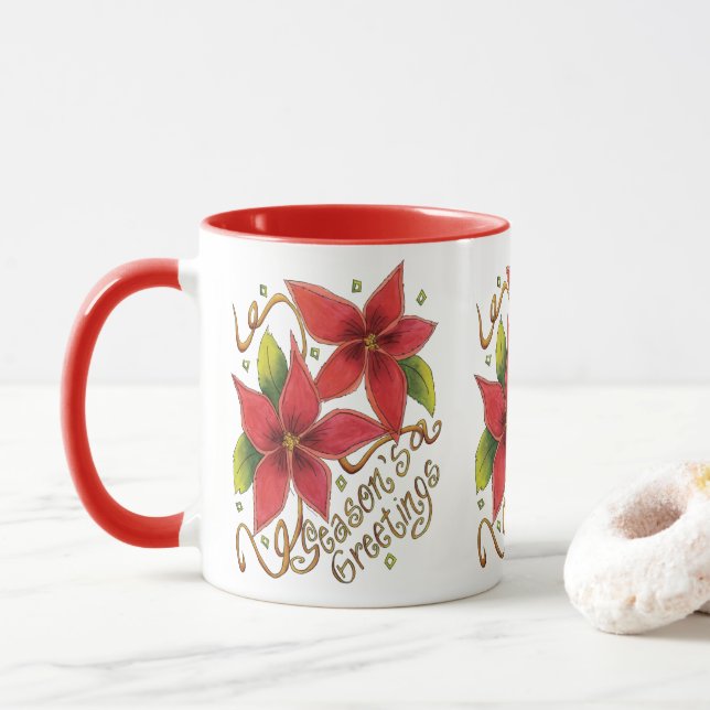 Mug Jolies Bonnes Fêtes de Noël avec Poinsettias (Avec donut)