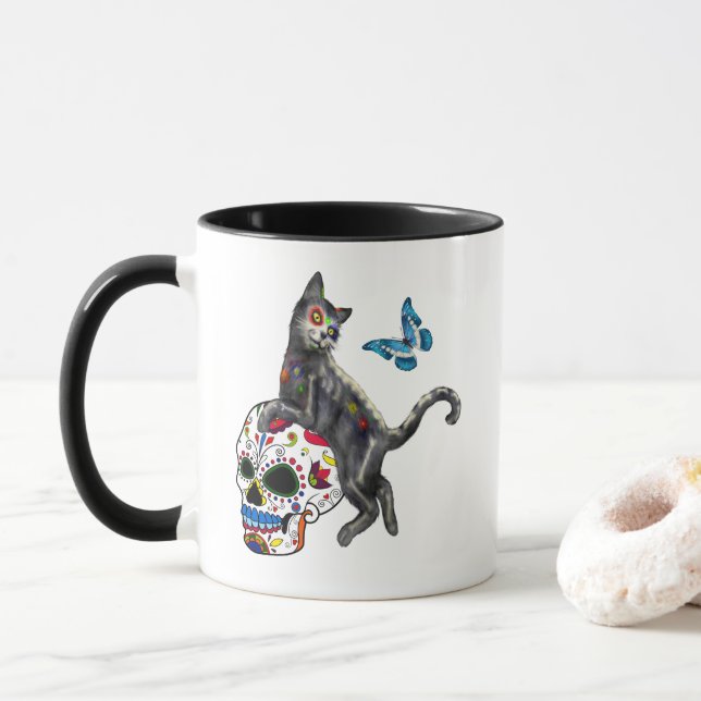 Mug Jour De La Morte Chat Crâne Sucre Et Papillon (Avec donut)