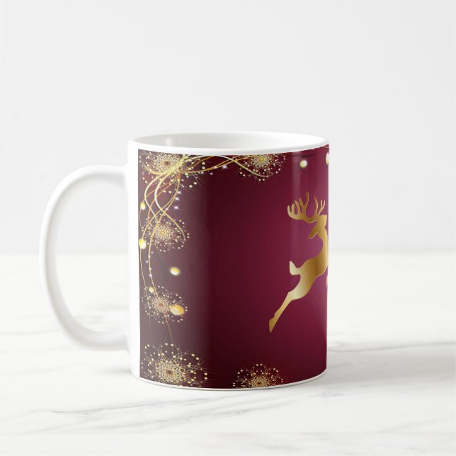 Mug Jour de Noël Golden Reindeers Rouge rose Élégant (Gauche)