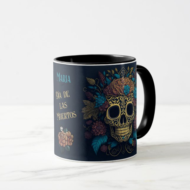 Mug Jour des morts Ajouter le nom Crâne noir à l'intér (Devant droit)