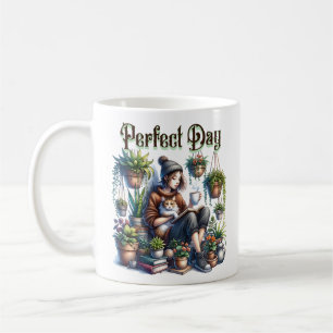Mug Jour parfait Lecture féminine avec chat et Plant