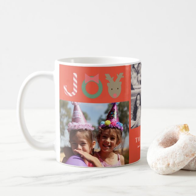 Mug JOY Reindeer 3 Photo Collage Noël Fête Rouge (Avec donut)
