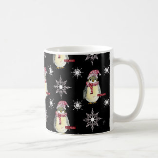 Mug Joyeuses Fêtes Manchots et Flocons sur Fond Noir