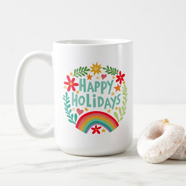 Mug Joyeuses Vacances Arc-en-ciel mignon à la main col (Avec donut)