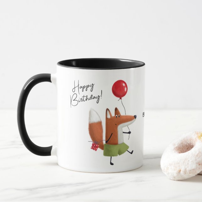 Mug Joyeux Anniversaire Cute Balloon Fox Nom personnal (Avec donut)