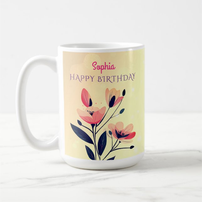 Mug Joyeux Anniversaire, Nom, Fleurs sur Or Gradient (Gauche)