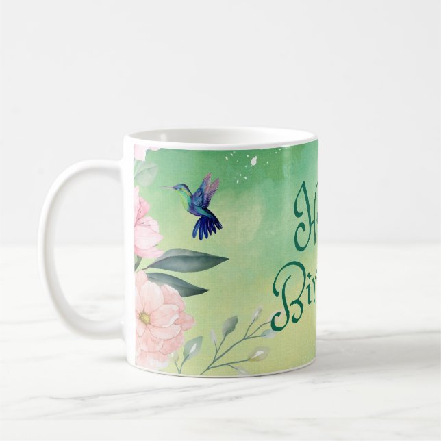 Mug Joyeux Bleu d'anniversaire, Fleurs d'aquarelle ros (Gauche)