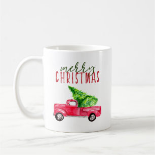Mug Joyeux camionnette rouge de Noël aquarelle