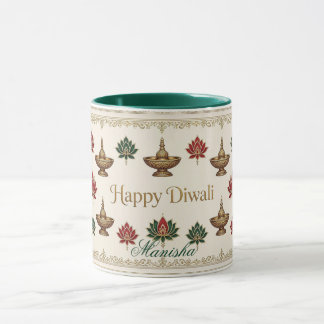 Mug Joyeux Diwali Deepak Motifs Lotus Patrimoine Indie