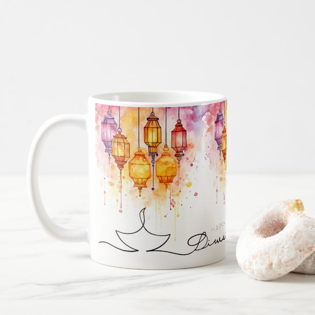 Mug Joyeux Diwali lampes couleur eau (Avec donut)