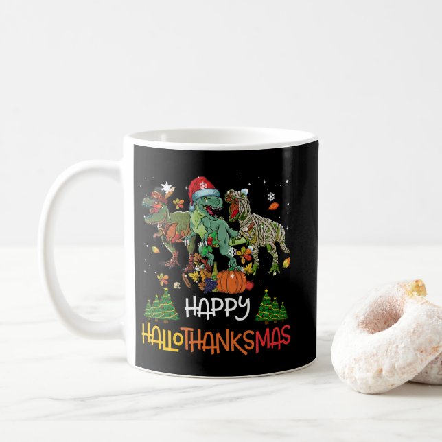 Mug Joyeux Hallothanksmas Thanksgiving Dinosaur T-rex (Avec donut)