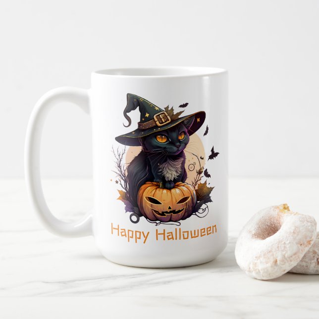Mug Joyeux Halloween Chat noir Jack-o-Lantern (Avec donut)