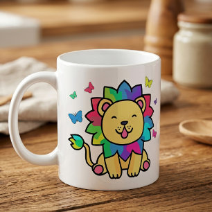 Mug Joyeux lion souriant avec des papillons.