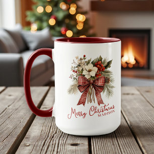 Mug Joyeux Noël Élégant Floral Nom Personnalisé