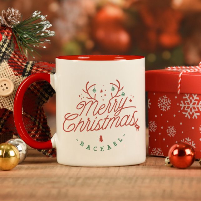 Mug Joyeux Noël Personnalisé Rindeer Antlers (Merry Christmas Personalized Reindeer Antlers Mug)