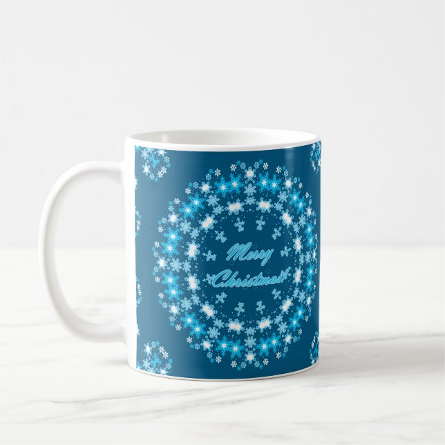 Mug Joyeux Noël rond flocon de neige hiver blanc bleu (Gauche)