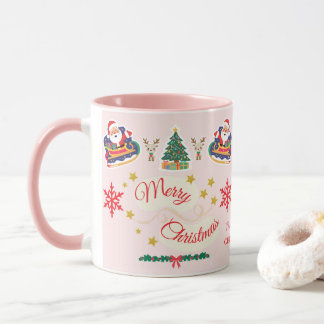Mug Joyeux Noël rose personnalisé Père Noël Sleigh