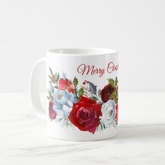 Mug Joyeux Noël Rouge Roses Blanches Vide Pin Cônes C