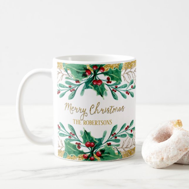 Mug Joyeux Noël Script or Aquarelle Holly Berry (Avec donut)