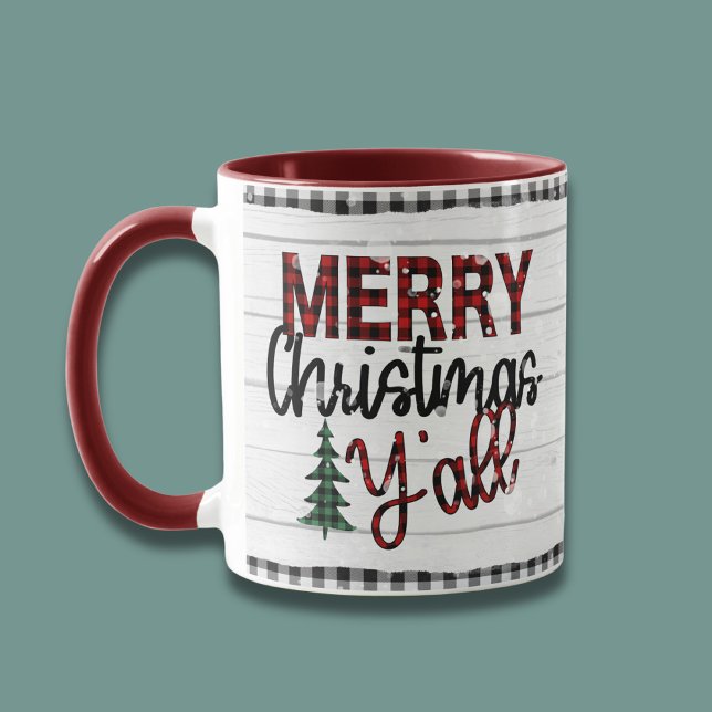 Mug Joyeux Noël Y'all Rustic Plaid Trees Vacances (Créateur téléchargé)
