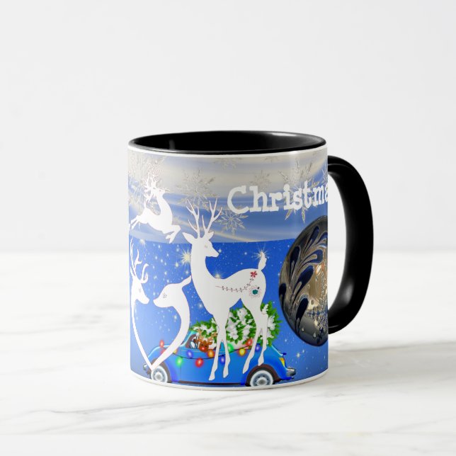 Mug Joyeux rennes de Noël Snowflakes intacts Bleu (Devant droit)