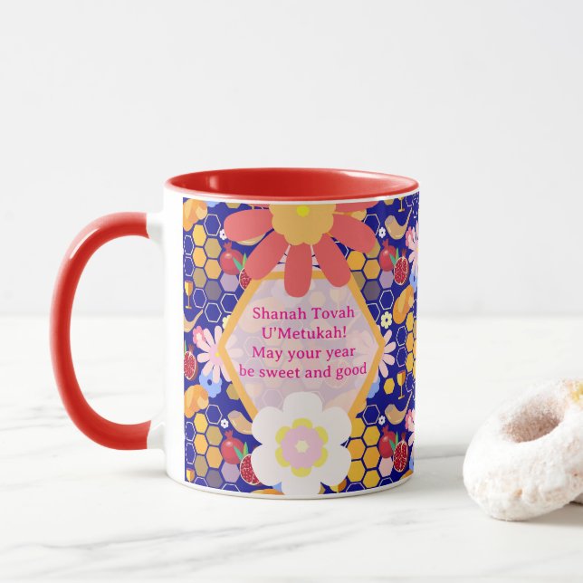 Mug Joyeux Rosh Hashanah Juif Nouvel An Modèle Floral (Avec donut)