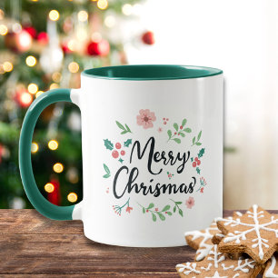 Mug Joyeux script de Noël aquarelle Floral