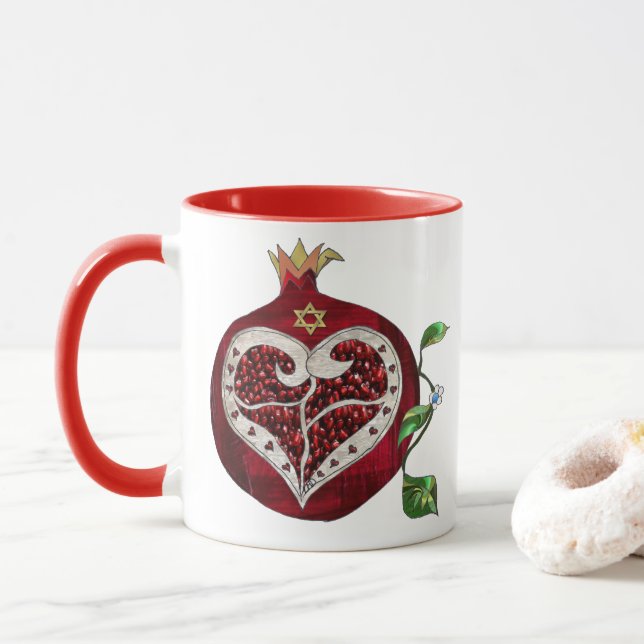 Mug Judaica Pomegranate Heart Hanoukka Rosh Hashanah (Avec donut)