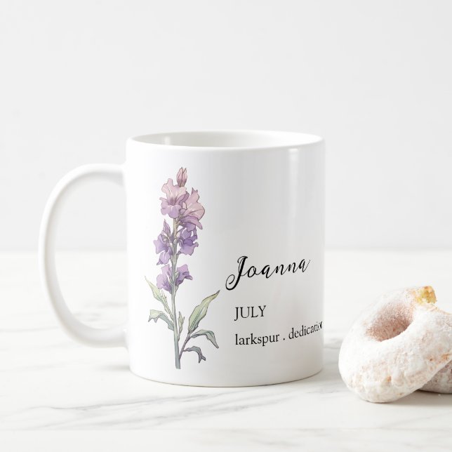 MUG JUILLET LARKSPUR NAISSANCE MOIS NOM CADEAU (Avec donut)