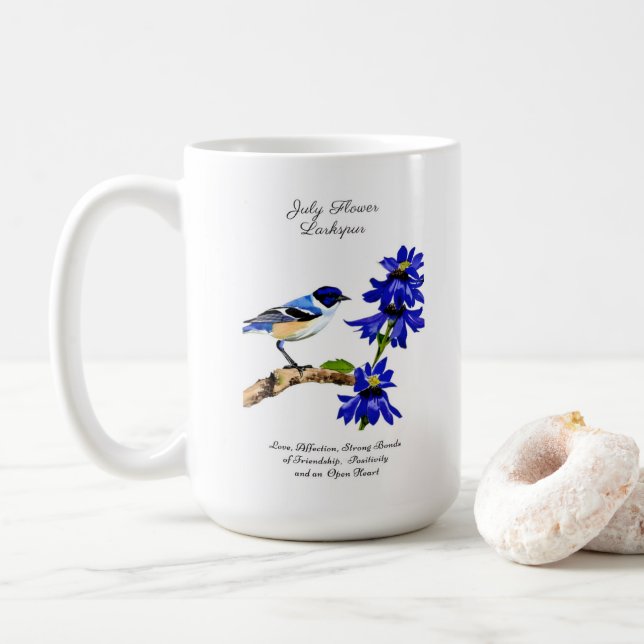 Mug Juillet Mois de naissance Fleur Bluebird et Larksp (Avec donut)