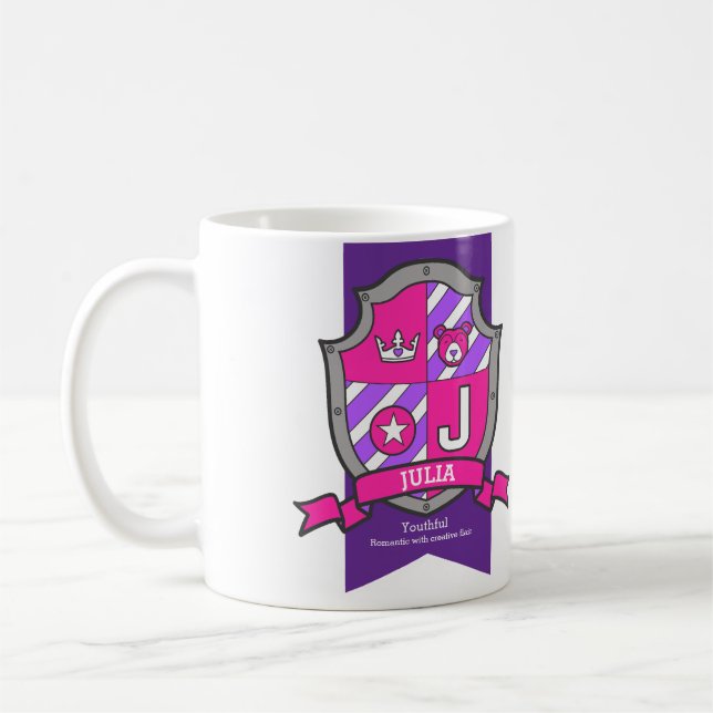 Mug Julia lettre J crest rose nom d'ours signifiant (Gauche)
