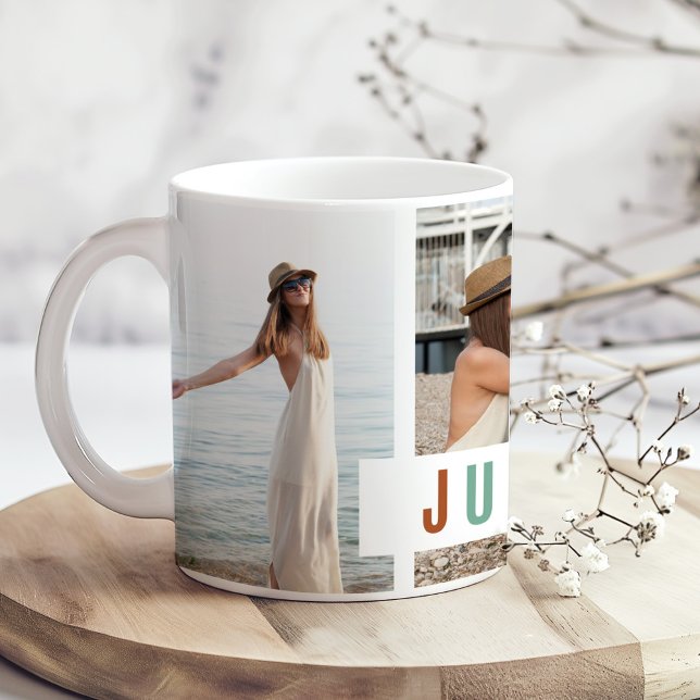 Mug "Just Breathe" Photo Collage Cadeau (Just Breathe" Photo Collage Gift Coffee Mug on a boho wooden kitchen table with tiny flowers.)