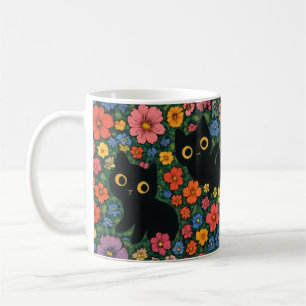 Mug Kawaii Garden Art   Motif floral de chat noir mign