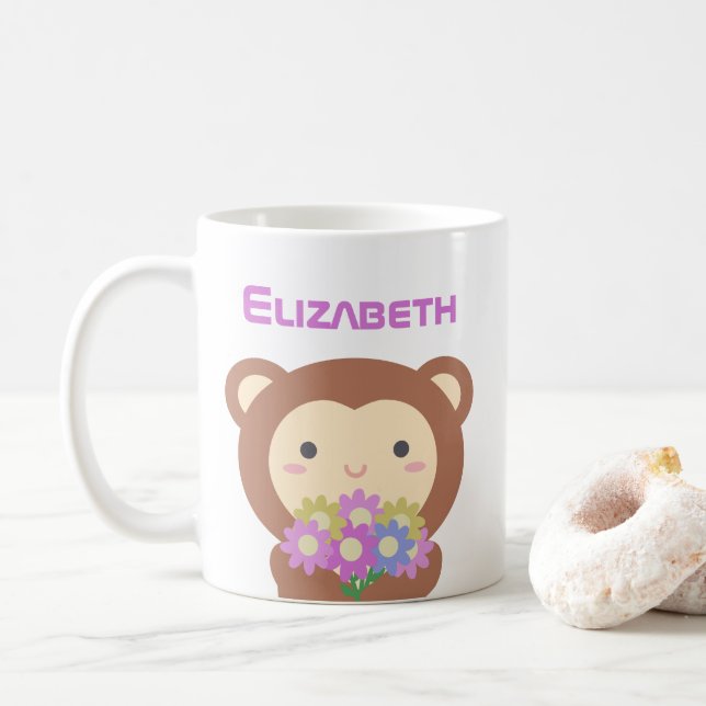 Mug Kawaii Jolie Cartoon Singe Fleurs violettes roses  (Avec donut)