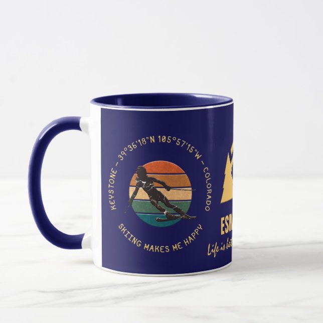 Mug Keystone, Colorado - Femme Skier, Texte Jaune (Gauche)