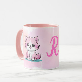 Mug Kit Chaton Mignon Rose Aquarelle Nom Personnalisé