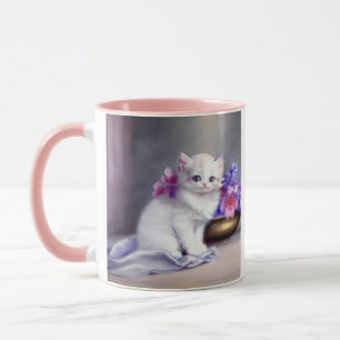 Mug Kitten blanc vintage aux fleurs roses et violettes