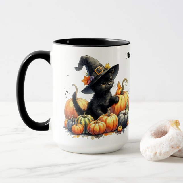 Mug Kitten d'Halloween noir avec Citrouilles et Casque (Avec donut)