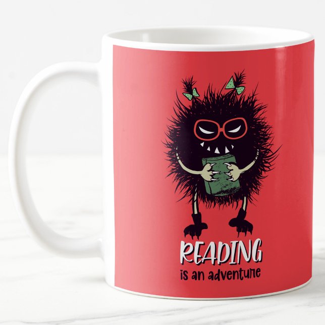 Mug La lecture est une aventure professeur drôle (reading is an adventure orange reddish mug weith evil character holding a book)