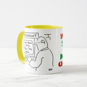 Mug La machine à cashpoint donne des conseils. Employé