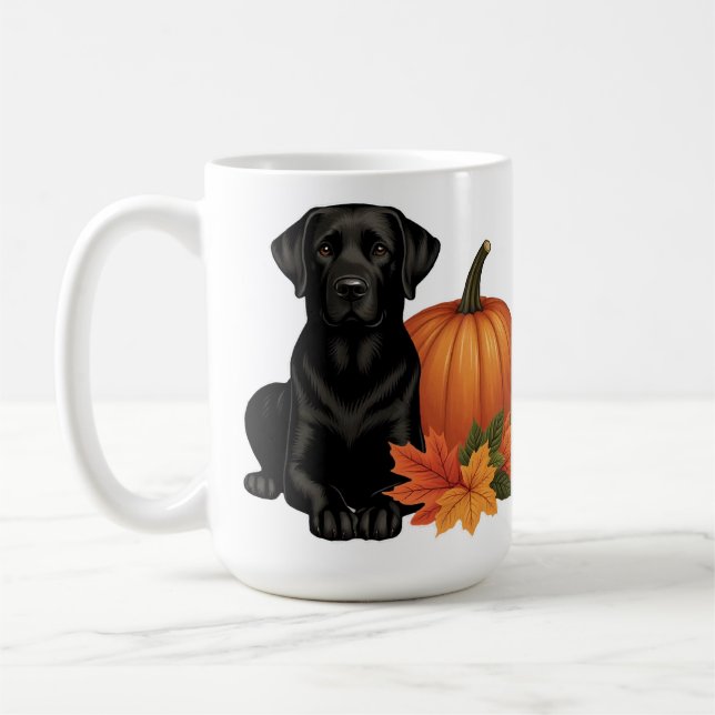 Mug Labrador Noir avec feuilles d'automne et Citrouill (Gauche)