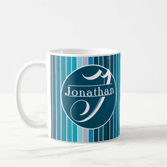 Mug Lac Blue Stripes Marine, Sky Blue, Aqua Monogramme (Gauche)