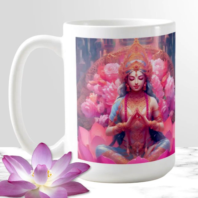 Mug Lakshmi, déesse Lotus rose en blanc (Pink Lotus Goddess of Prosperity Lakshmi on White Mug Spiritual Gift Hindu Diety)